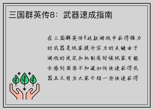 三国群英传8：武器速成指南